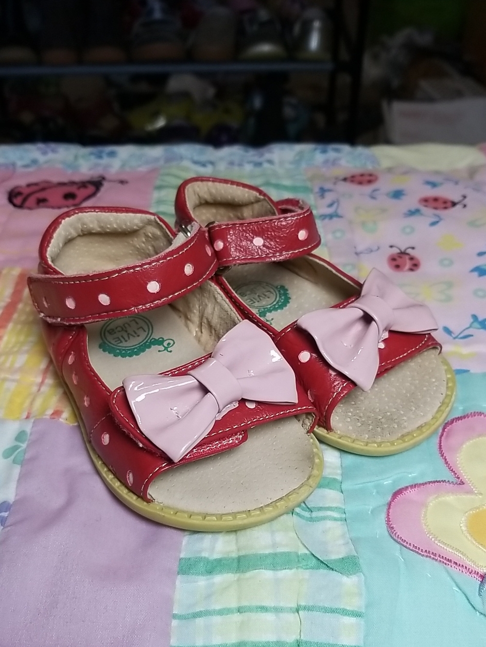Livie & Luca Red Leather Polka Dot Adjustable Sandals w/Pink Bows Size 6 Minnie